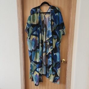 Umgee Blue Green Multi-Print Leaf Sheer Swim Coverup